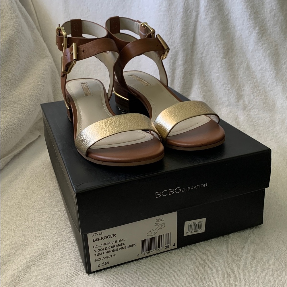 BCBGeneration Gold and Brown Sandals.